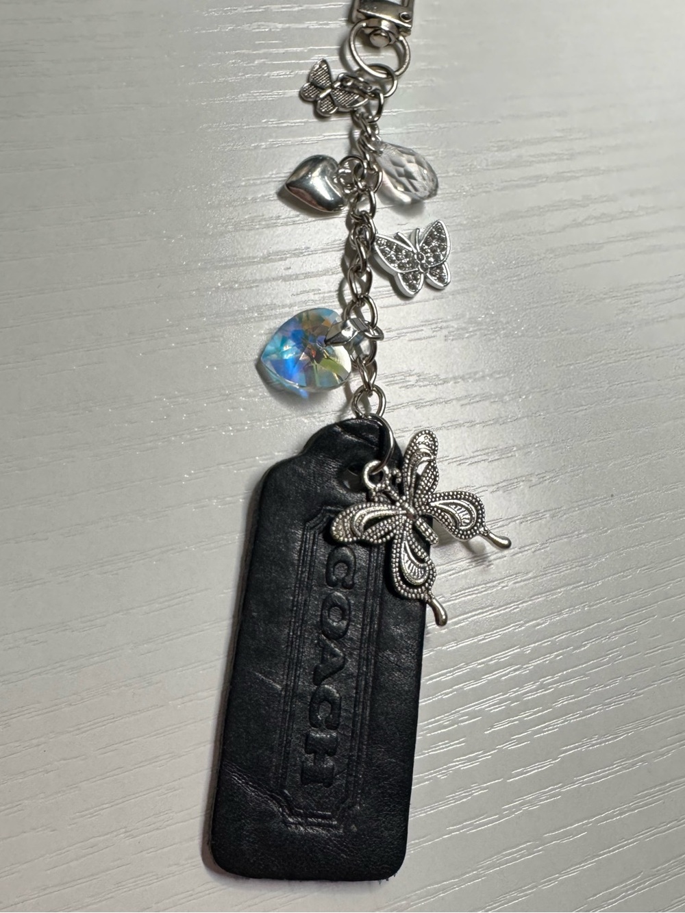 Coach Black Leather Hangtag with Silver Butterfly & Crystal Charms Bag Charm - Picture 3 of 6